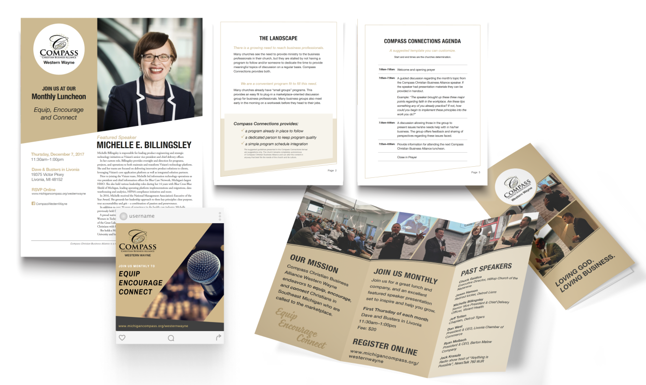 screenshot of brochure, booklet pages and flyer